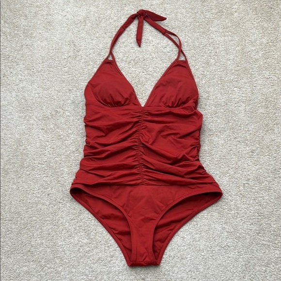 L Space The Nora Ruched Halter Tie Burnt Red/Orange One Piece Swimsuit Size 12 - Picture 3 of 9